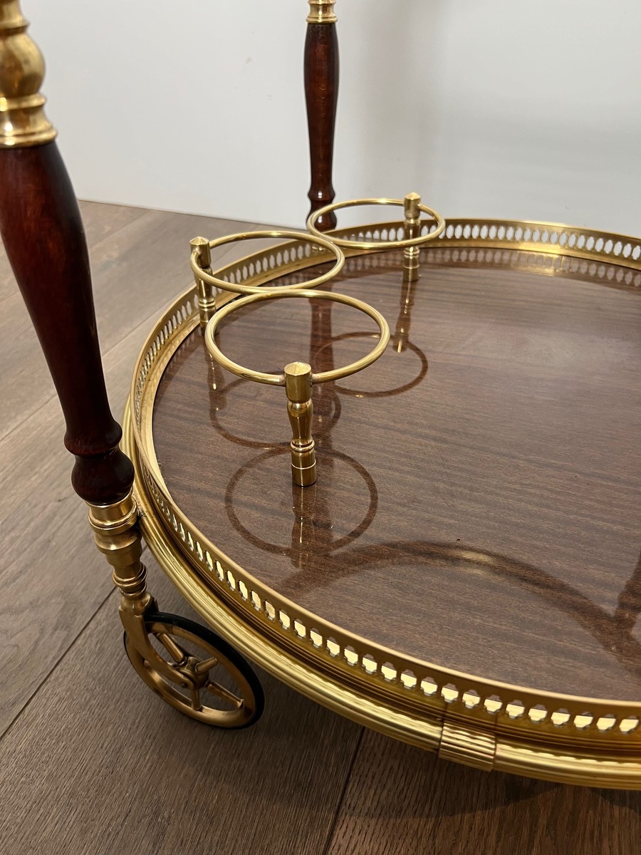 Oval Brass And Mahogany Bar Cart With Openwork Gallery And Bottle Holder. French Work By Maison-photo-7