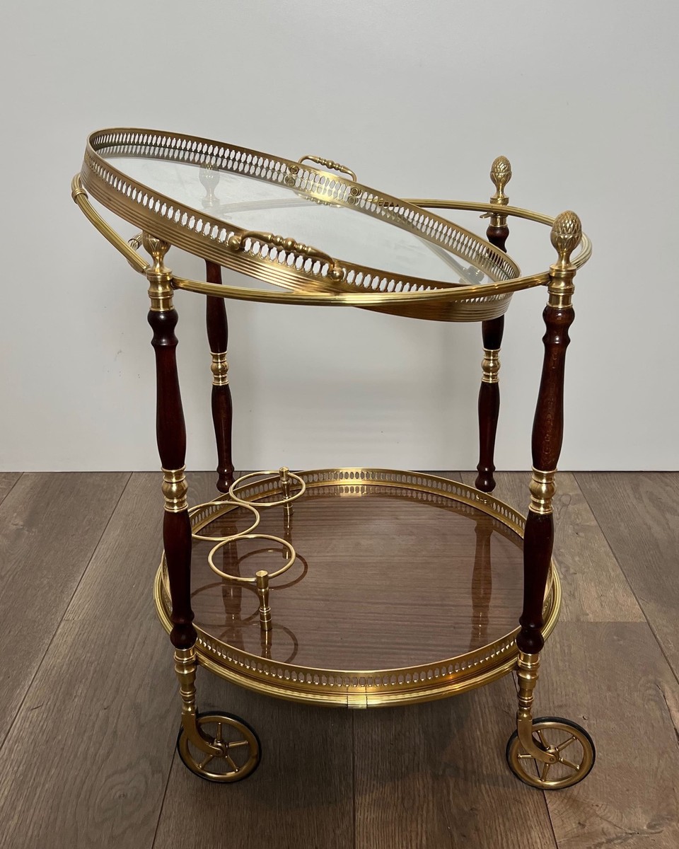 Oval Brass And Mahogany Bar Cart With Openwork Gallery And Bottle Holder. French Work By Maison-photo-8