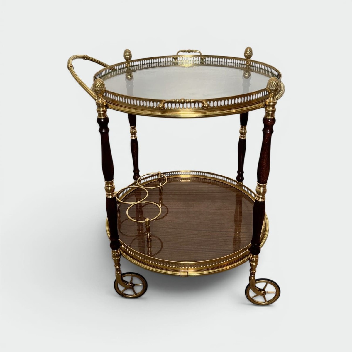 Oval Brass And Mahogany Bar Cart With Openwork Gallery And Bottle Holder. French Work By Maison