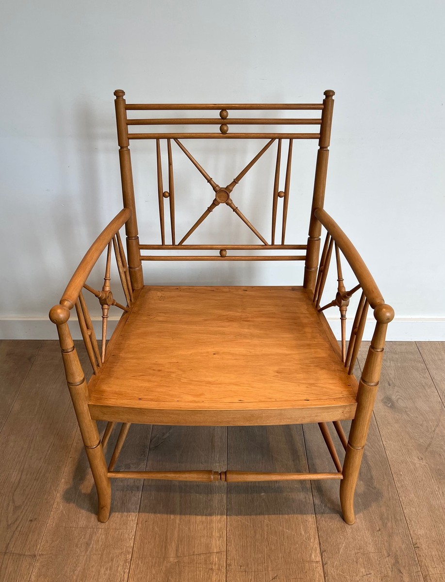 Fauteuil Vicario en Bois Naturel Façon Bambou à Croisillons. Travail Français. Vers 1900-photo-3