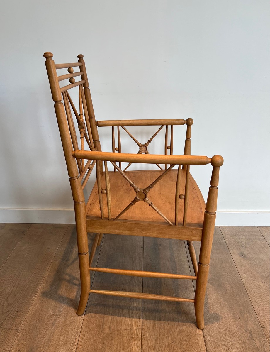 Fauteuil Vicario en Bois Naturel Façon Bambou à Croisillons. Travail Français. Vers 1900-photo-4