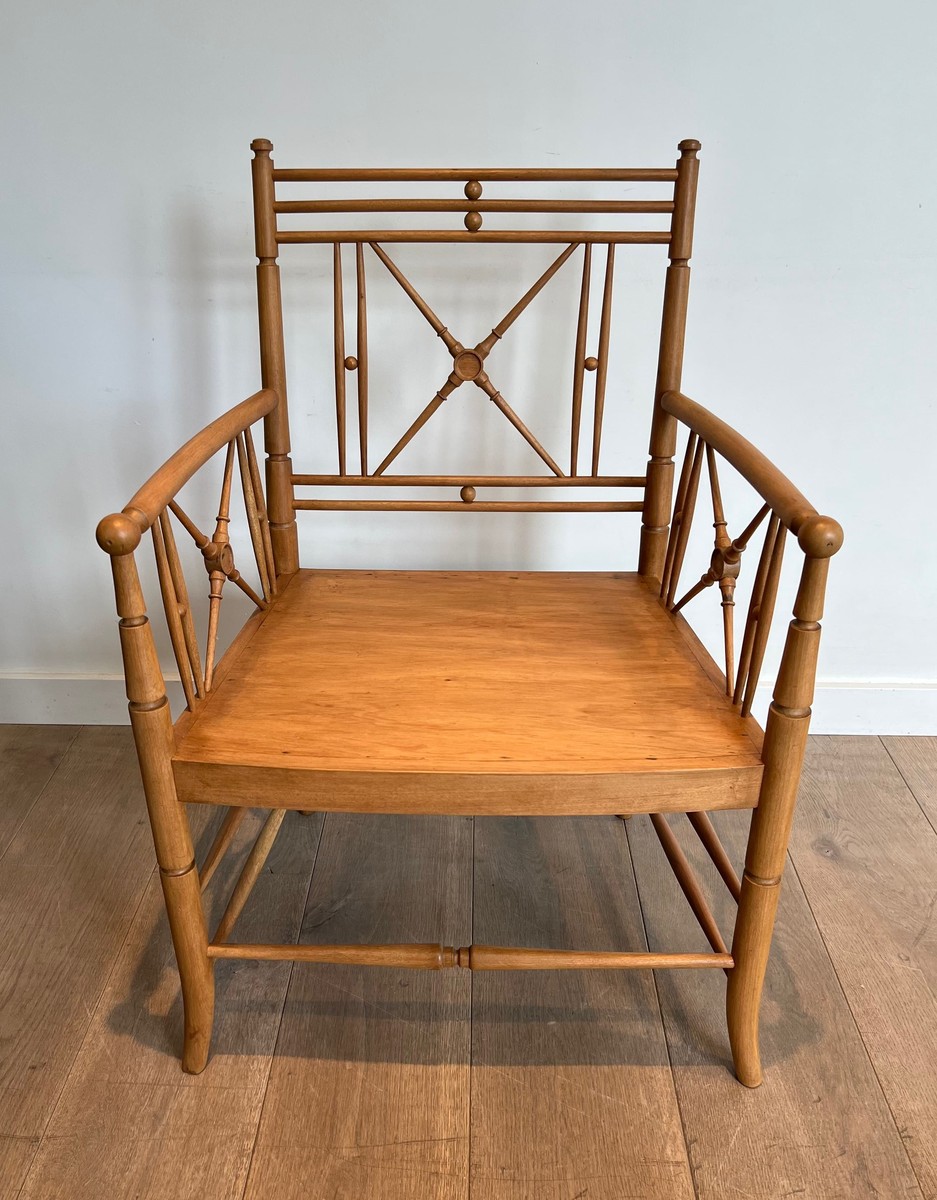 Fauteuil Vicario en Bois Naturel Façon Bambou à Croisillons. Travail Français. Vers 1900-photo-1