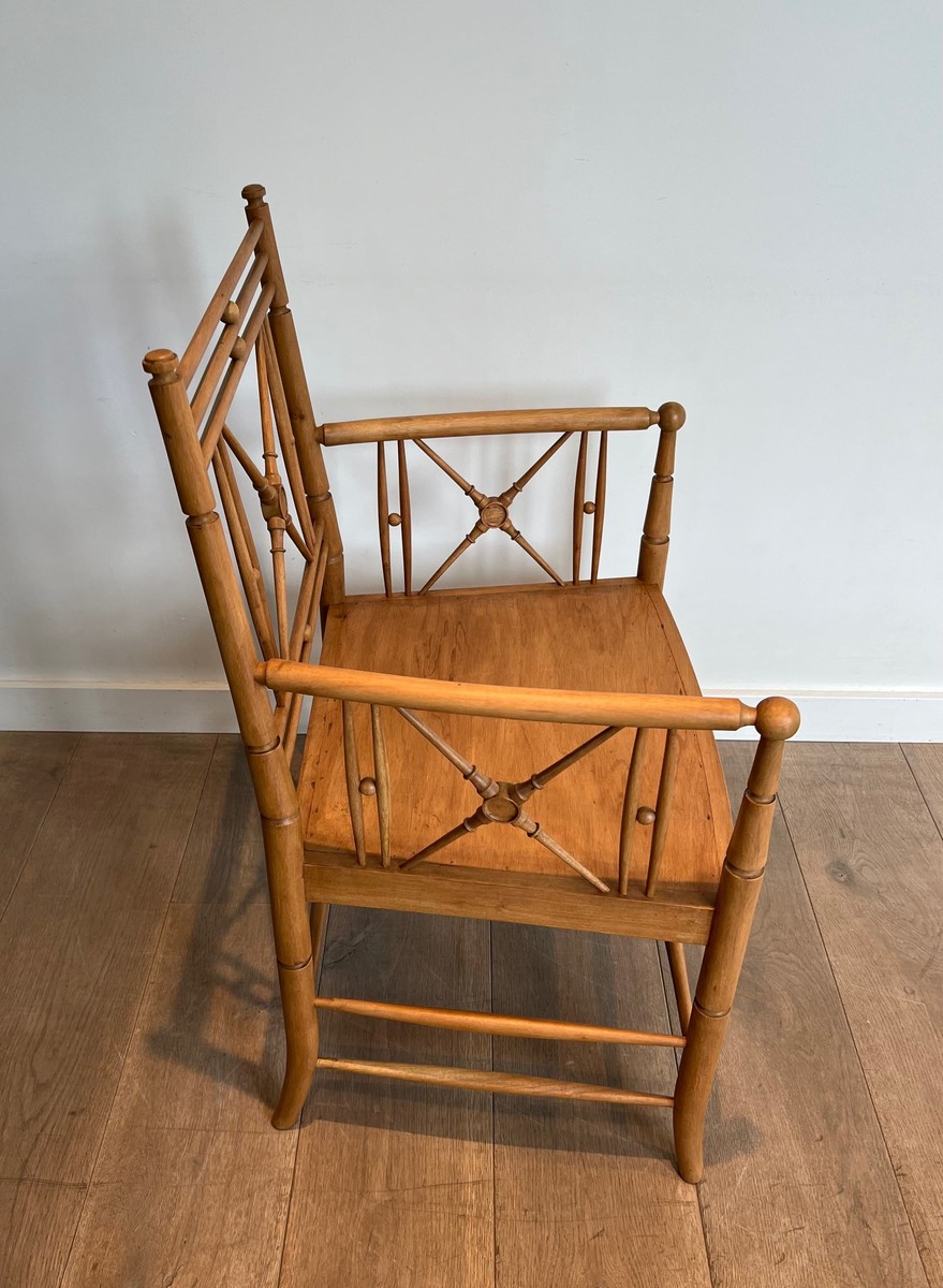 Fauteuil Vicario en Bois Naturel Façon Bambou à Croisillons. Travail Français. Vers 1900-photo-2