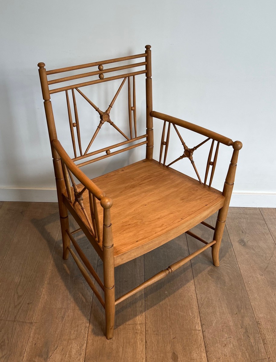 Fauteuil Vicario en Bois Naturel Façon Bambou à Croisillons. Travail Français. Vers 1900-photo-3