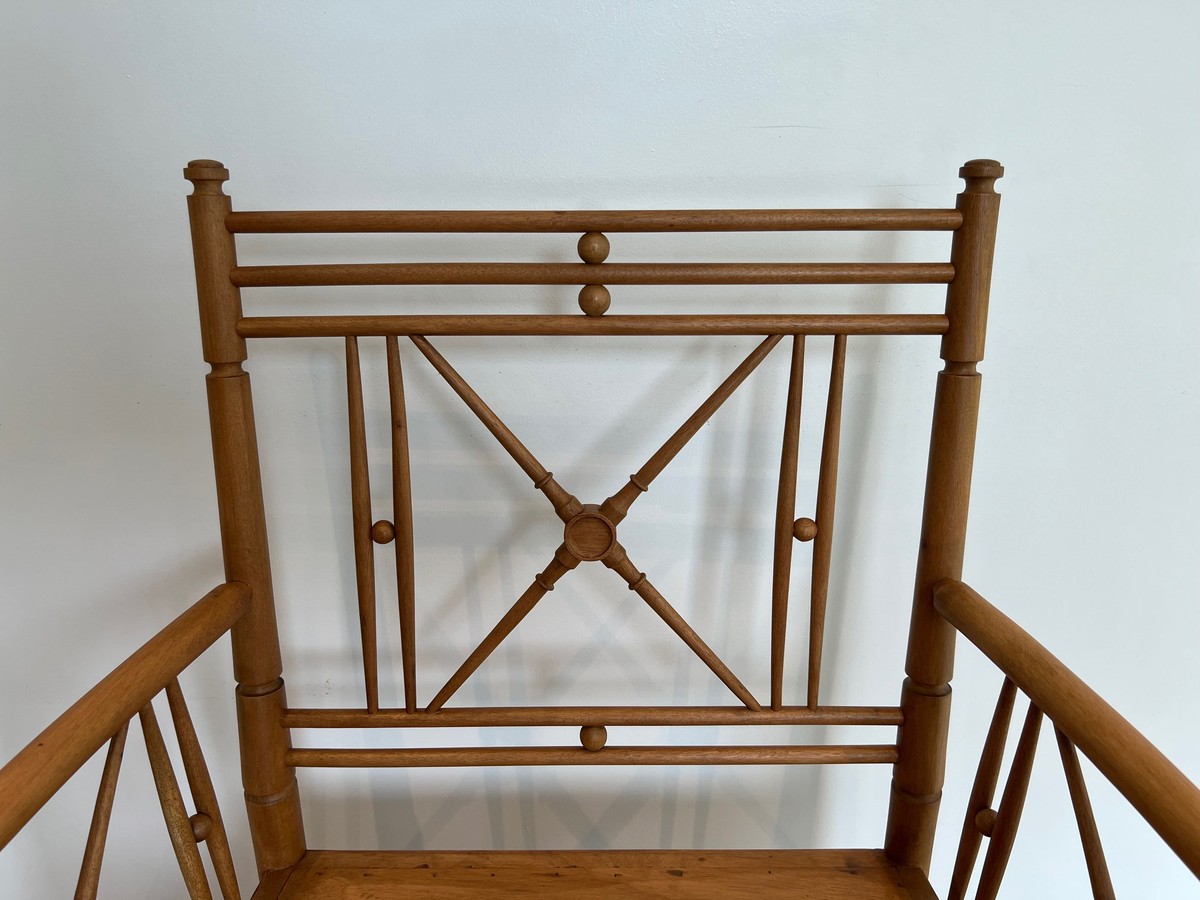 Fauteuil Vicario en Bois Naturel Façon Bambou à Croisillons. Travail Français. Vers 1900-photo-4