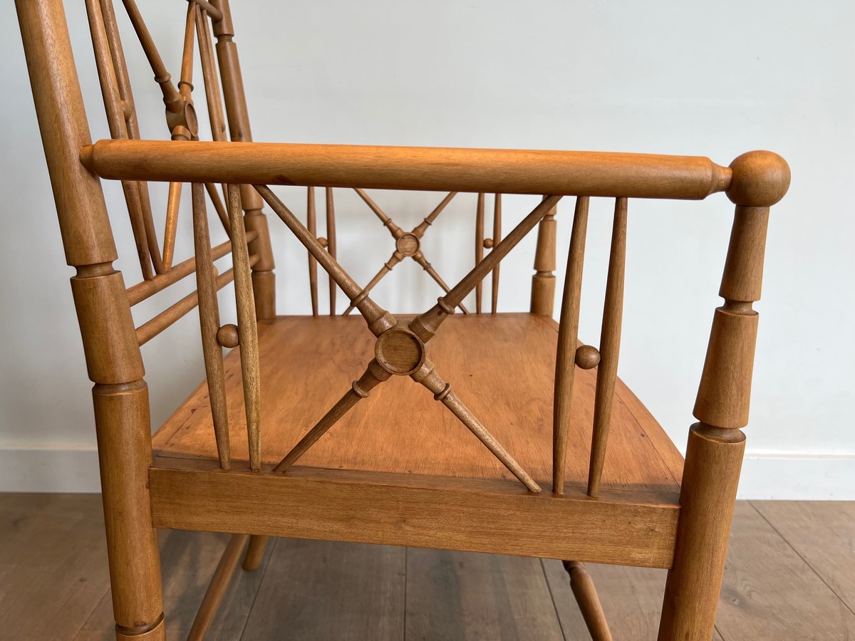 Fauteuil Vicario en Bois Naturel Façon Bambou à Croisillons. Travail Français. Vers 1900-photo-5