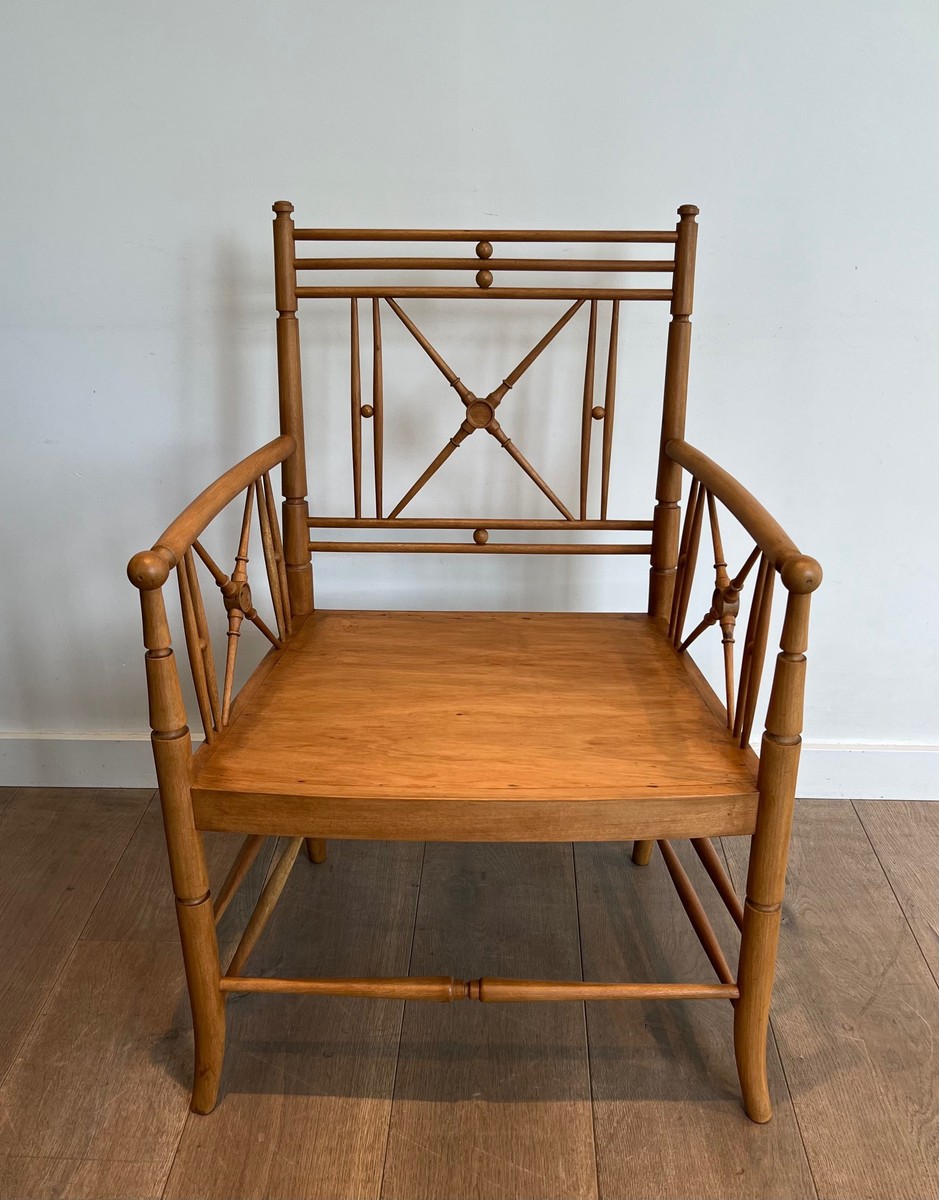 Fauteuil Vicario en Bois Naturel Façon Bambou à Croisillons. Travail Français. Vers 1900-photo-8