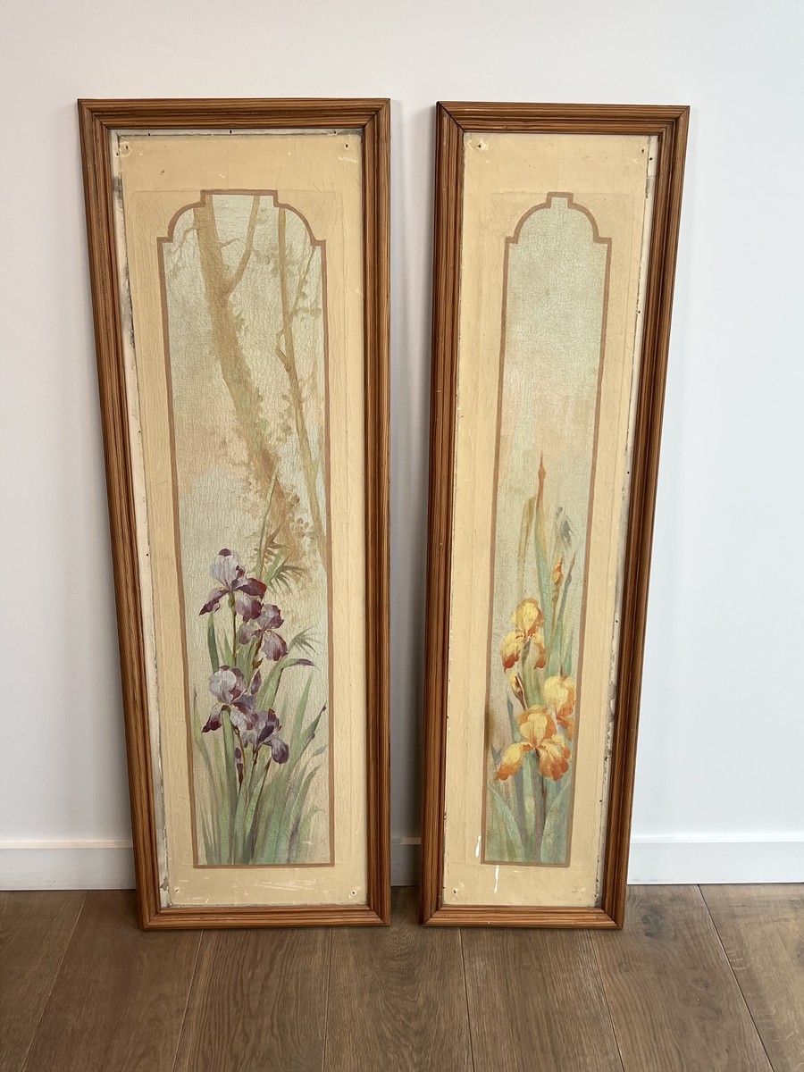Pair Of Art Nouveau Decorative Panels With Purple And Yellow Irises. French Work. Circa 1900-photo-3