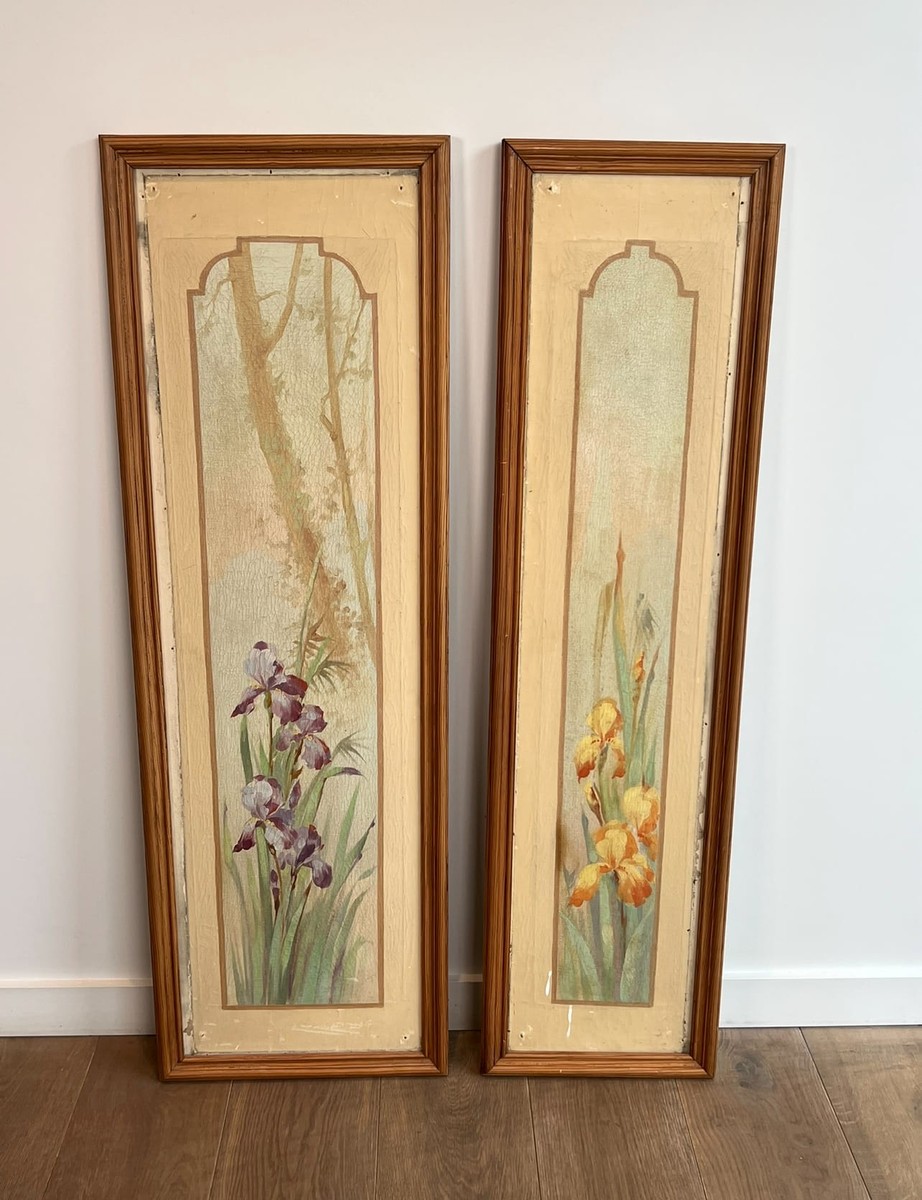 Pair Of Art Nouveau Decorative Panels With Purple And Yellow Irises. French Work. Circa 1900-photo-4