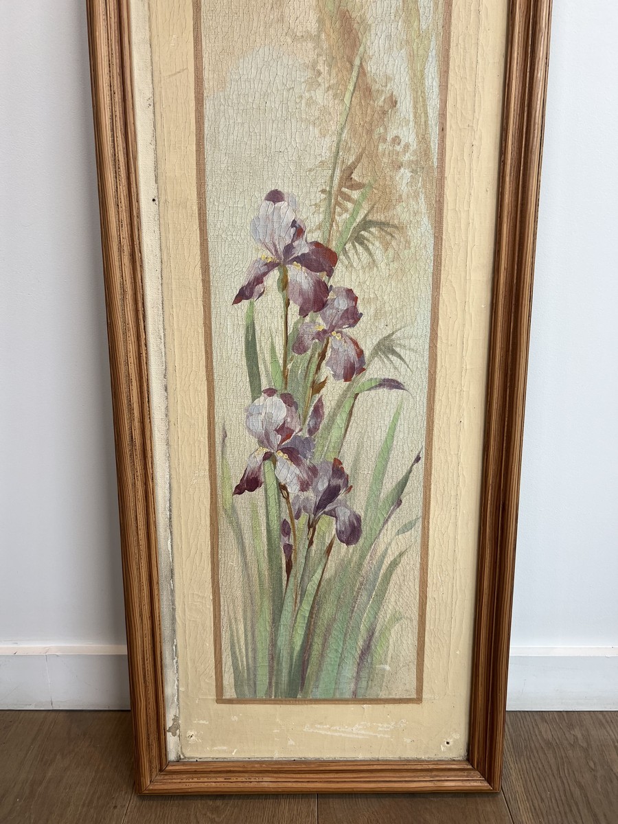 Pair Of Art Nouveau Decorative Panels With Purple And Yellow Irises. French Work. Circa 1900-photo-1