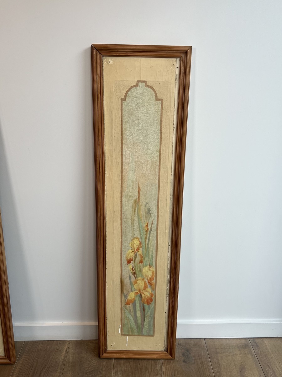 Pair Of Art Nouveau Decorative Panels With Purple And Yellow Irises. French Work. Circa 1900-photo-2