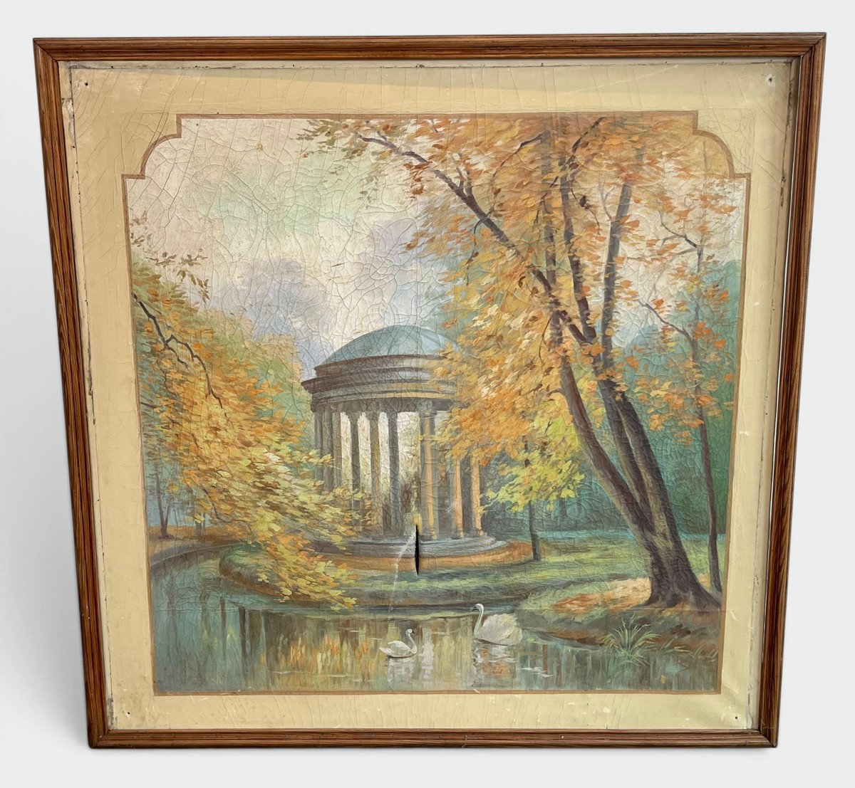 Grand Panneau Décoratif Art Nouveau au Temple de l'Amour et aux Cygnes. Paysage d'Automne. Trav