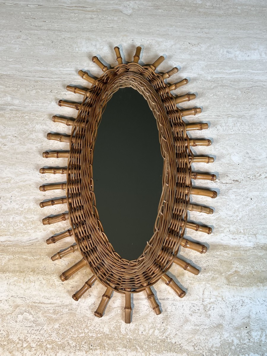 Oval Mirror In Rattan. Woven Wicker And Bamboo. French Work. Circa 1960-photo-3