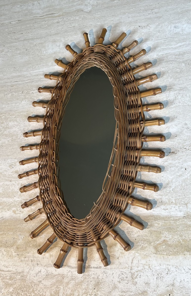 Oval Mirror In Rattan. Woven Wicker And Bamboo. French Work. Circa 1960-photo-4
