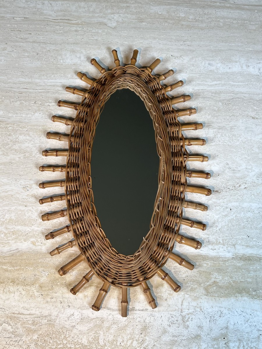 Oval Mirror In Rattan. Woven Wicker And Bamboo. French Work. Circa 1960-photo-1