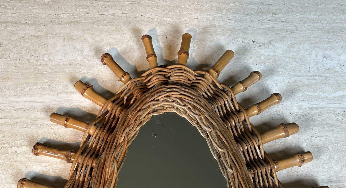 Oval Mirror In Rattan. Woven Wicker And Bamboo. French Work. Circa 1960-photo-2