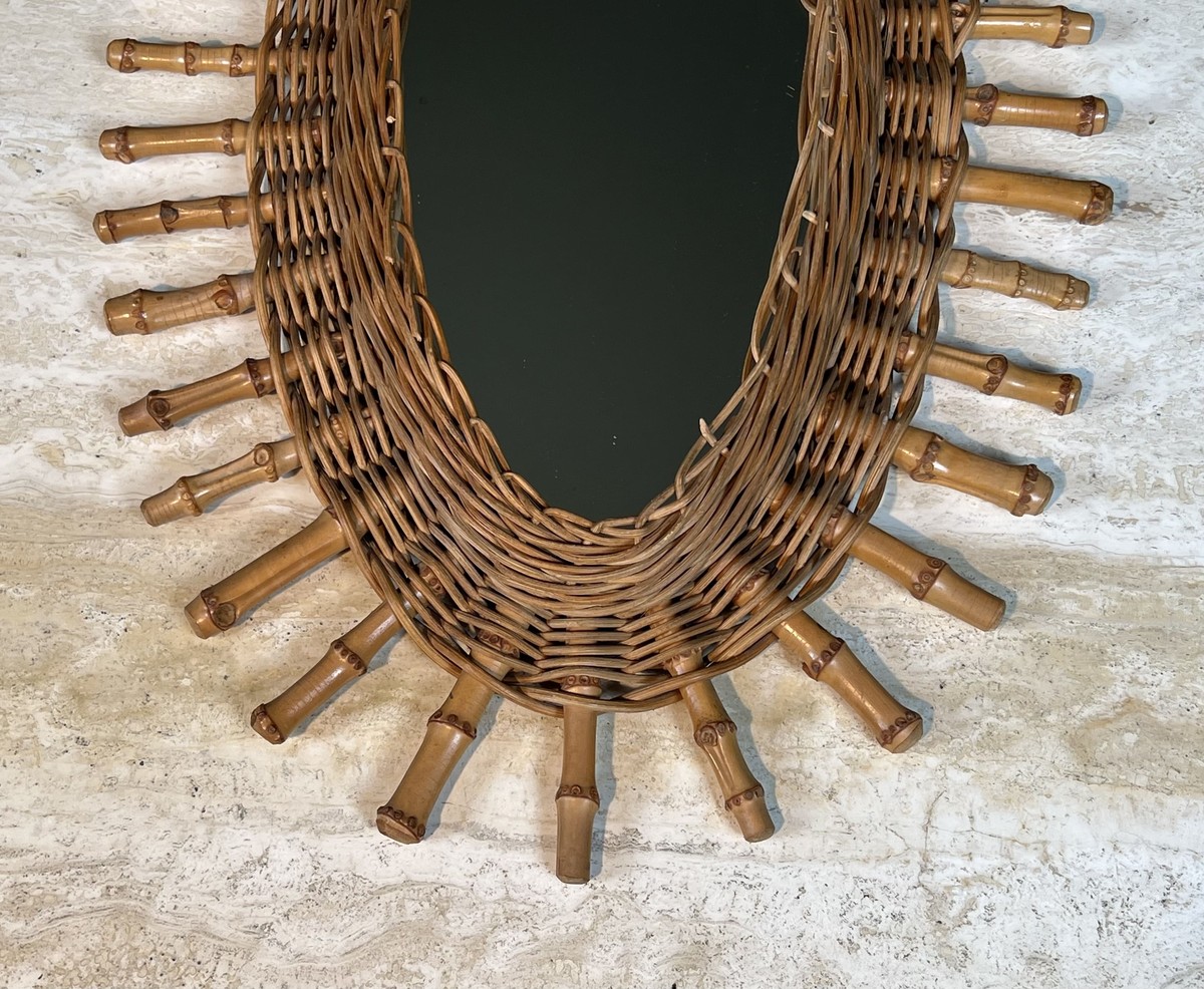 Oval Mirror In Rattan. Woven Wicker And Bamboo. French Work. Circa 1960-photo-3