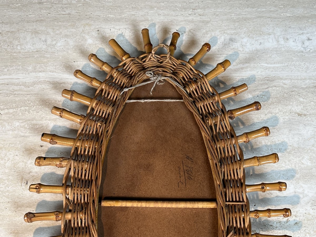 Oval Mirror In Rattan. Woven Wicker And Bamboo. French Work. Circa 1960-photo-4