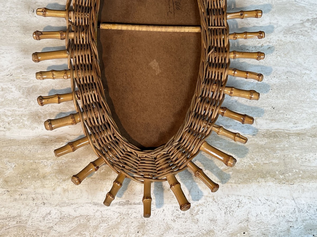 Oval Mirror In Rattan. Woven Wicker And Bamboo. French Work. Circa 1960-photo-5