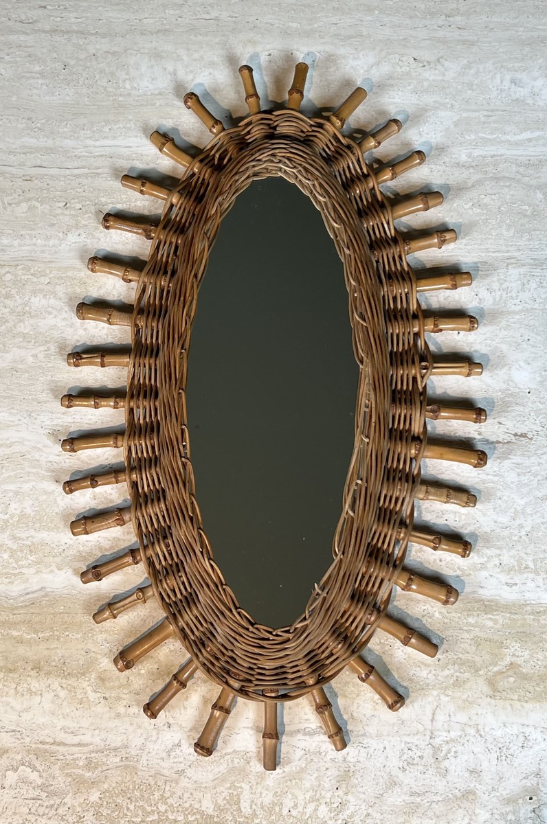 Oval Mirror In Rattan. Woven Wicker And Bamboo. French Work. Circa 1960-photo-8