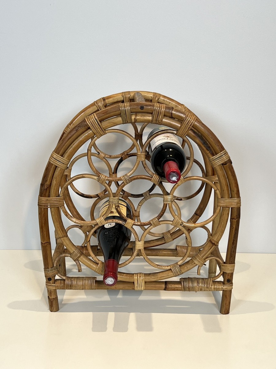 Rattan And Bamboo Bottle Holder With Rings In An Arched Form. Italian Work. Circa 1960-photo-2