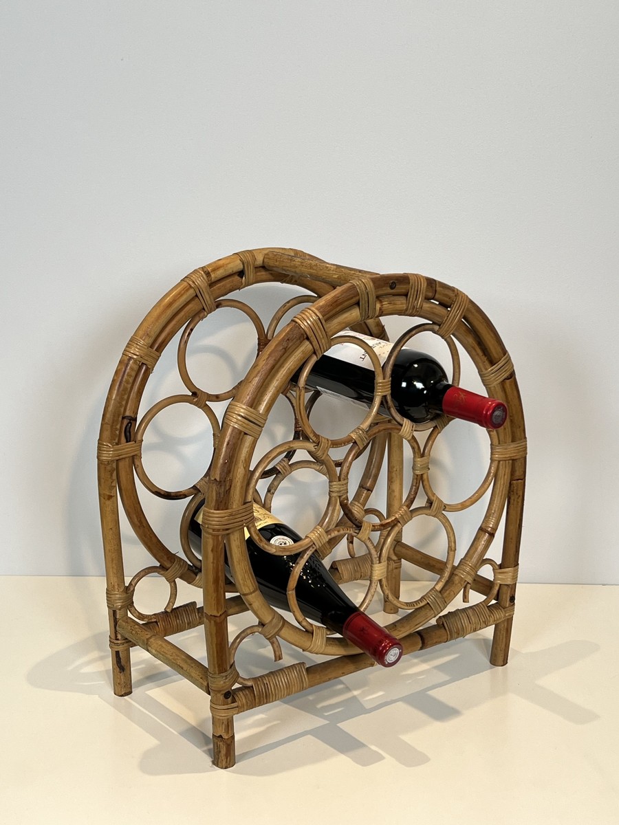 Rattan And Bamboo Bottle Holder With Rings In An Arched Form. Italian Work. Circa 1960-photo-3
