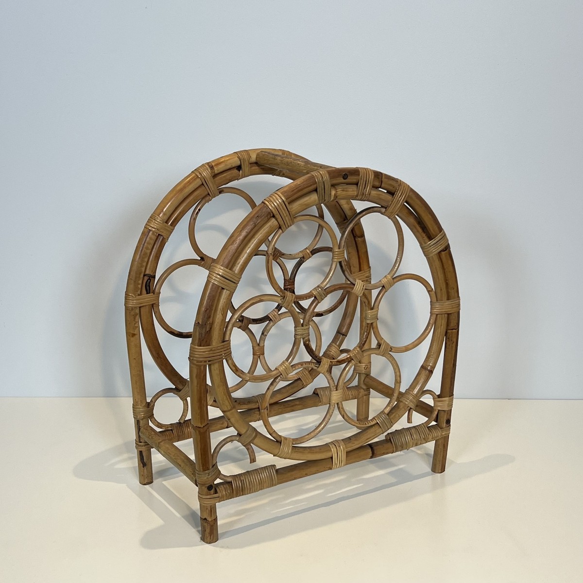 Rattan And Bamboo Bottle Holder With Rings In An Arched Form. Italian Work. Circa 1960-photo-4