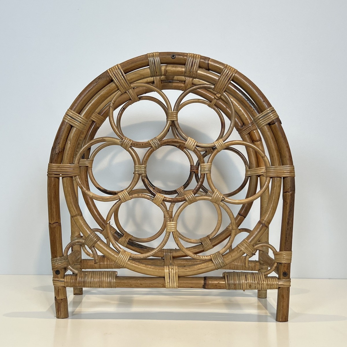 Rattan And Bamboo Bottle Holder With Rings In An Arched Form. Italian Work. Circa 1960-photo-1