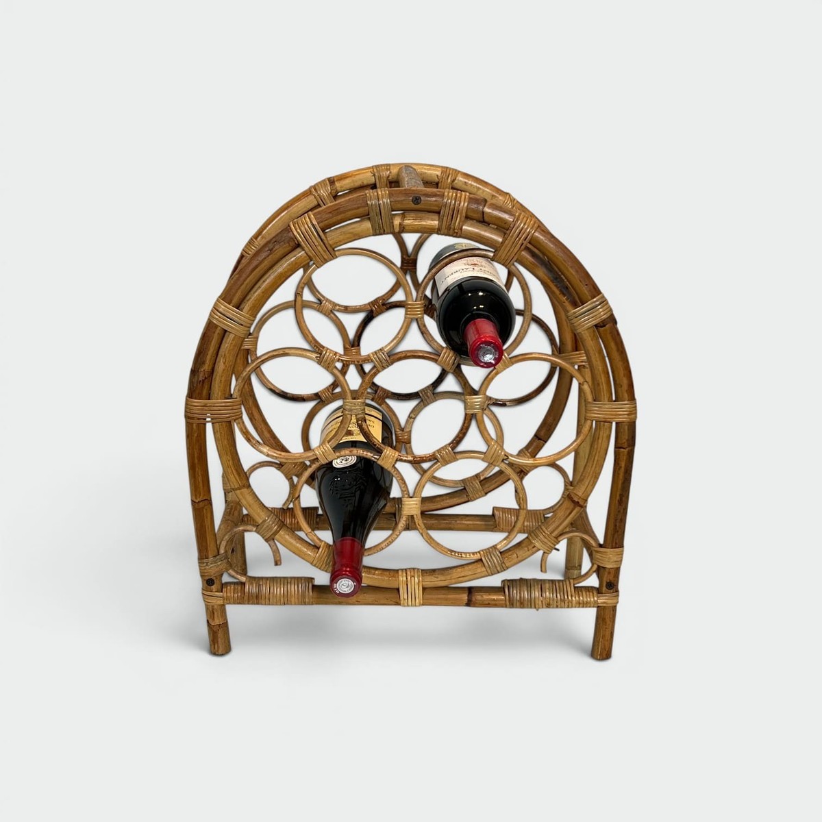 Rattan And Bamboo Bottle Holder With Rings In An Arched Form. Italian Work. Circa 1960