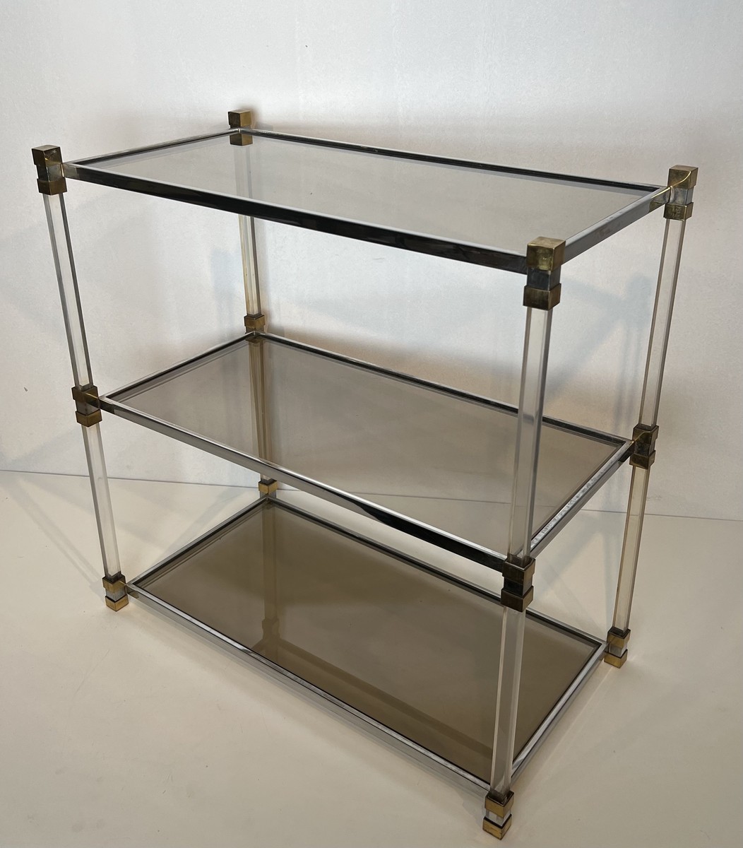 Lucite Shelf Unit With Three Smoked Glass Tiers And Brass Ends. French Work. Circa 1970-photo-2