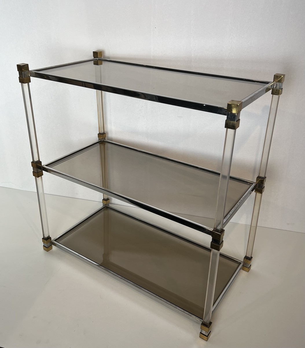 Lucite Shelf Unit With Three Smoked Glass Tiers And Brass Ends. French Work. Circa 1970-photo-3