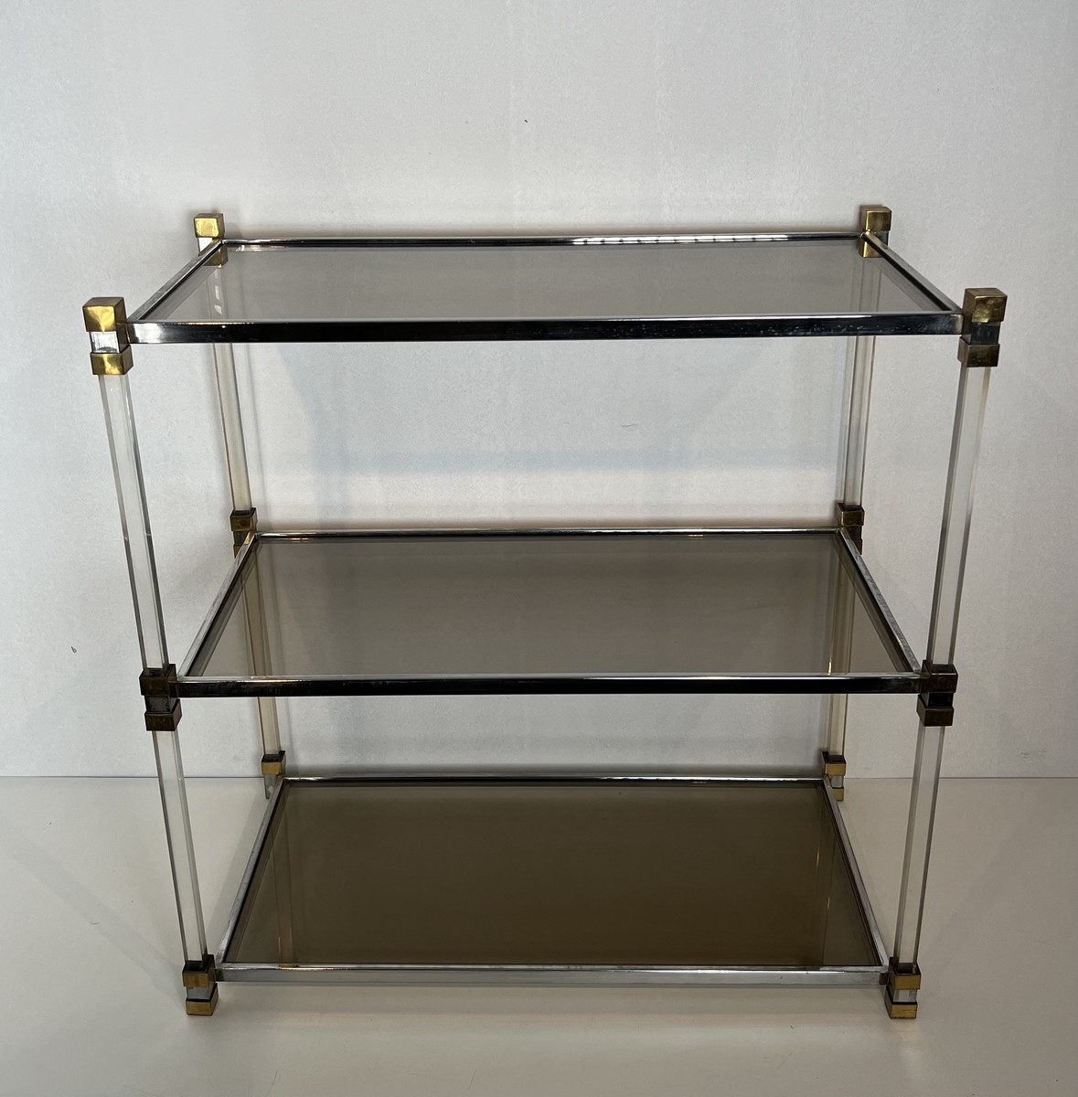 Lucite Shelf Unit With Three Smoked Glass Tiers And Brass Ends. French Work. Circa 1970-photo-4