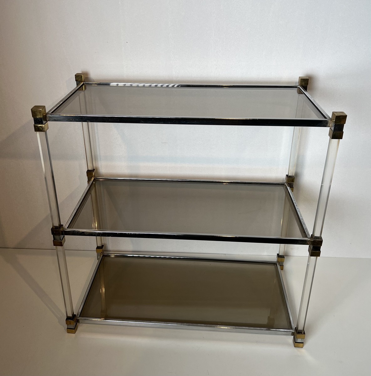 Lucite Shelf Unit With Three Smoked Glass Tiers And Brass Ends. French Work. Circa 1970-photo-1