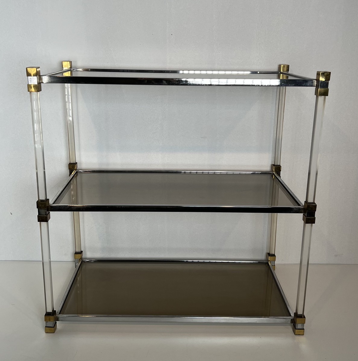 Lucite Shelf Unit With Three Smoked Glass Tiers And Brass Ends. French Work. Circa 1970-photo-2
