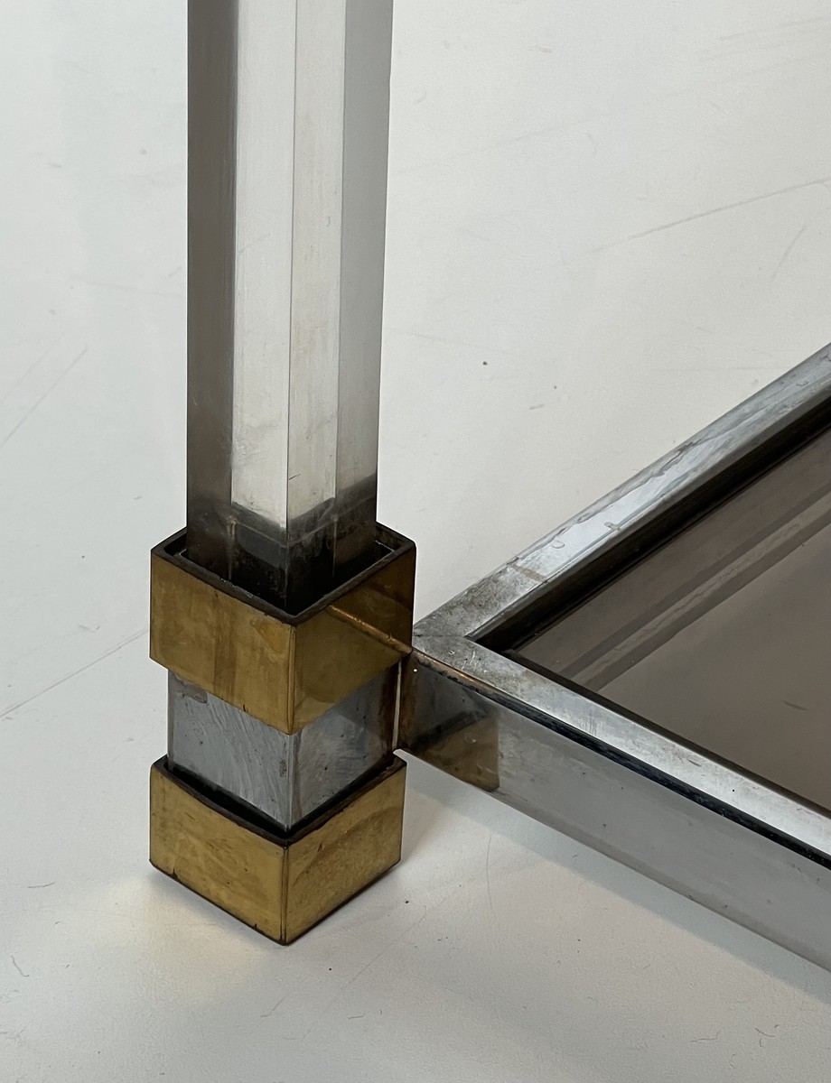 Lucite Shelf Unit With Three Smoked Glass Tiers And Brass Ends. French Work. Circa 1970-photo-6
