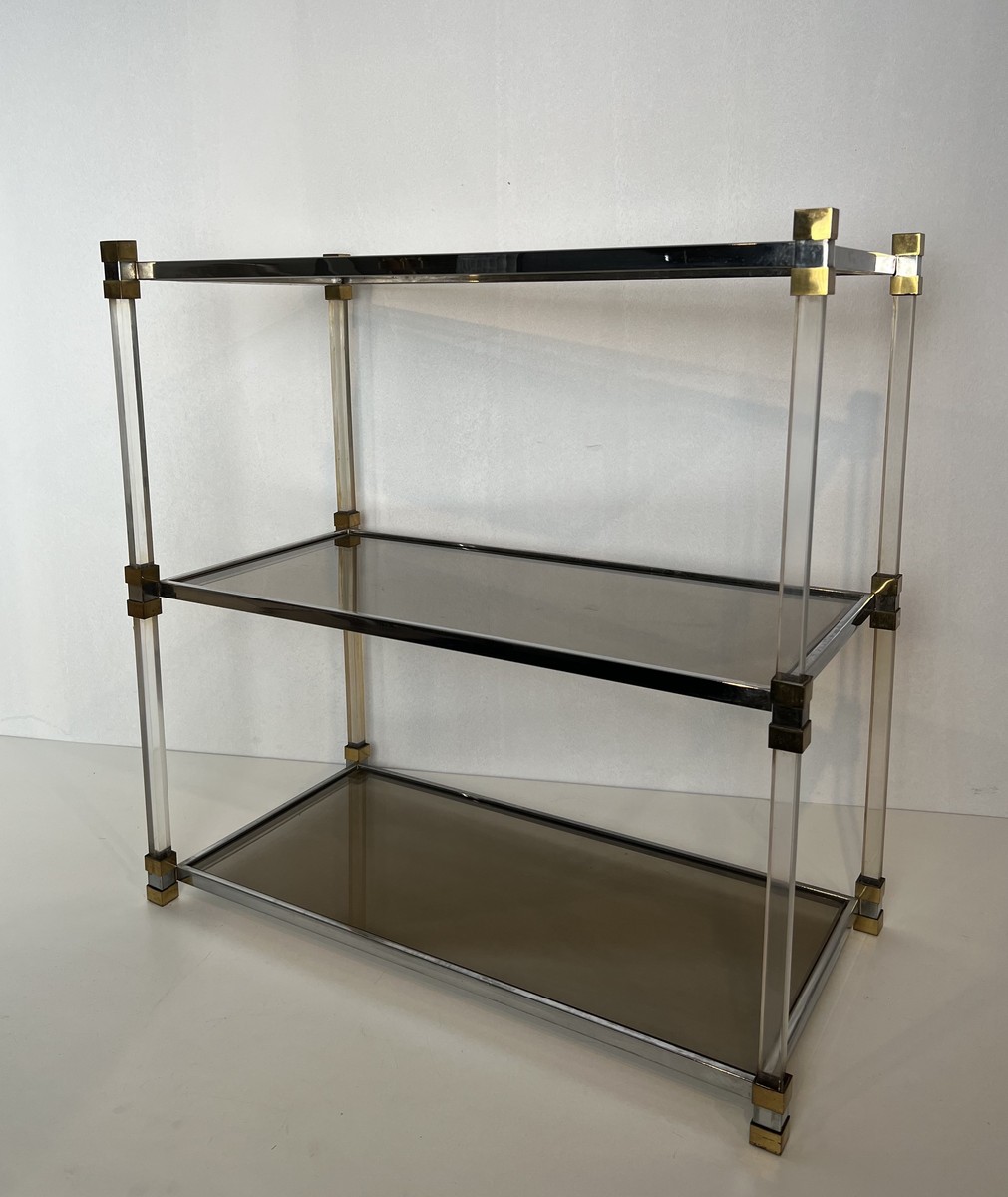 Lucite Shelf Unit With Three Smoked Glass Tiers And Brass Ends. French Work. Circa 1970-photo-8