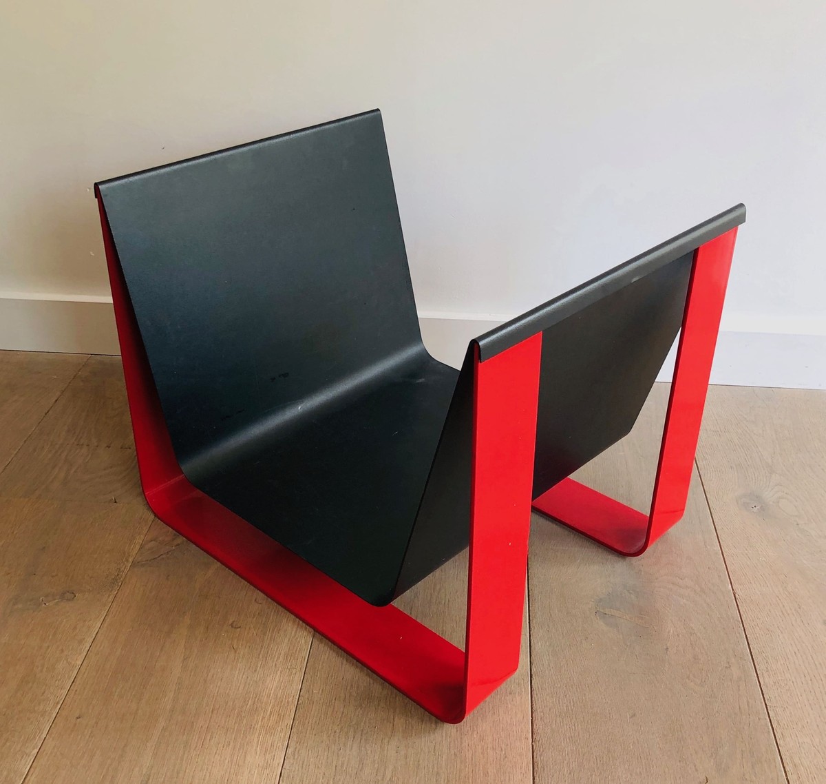 Log Holder In Folded Steel Sheet Lacquered Black And Red. French Work. Circa 1970-photo-3