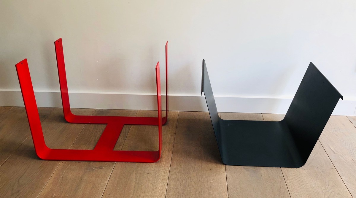 Log Holder In Folded Steel Sheet Lacquered Black And Red. French Work. Circa 1970-photo-3