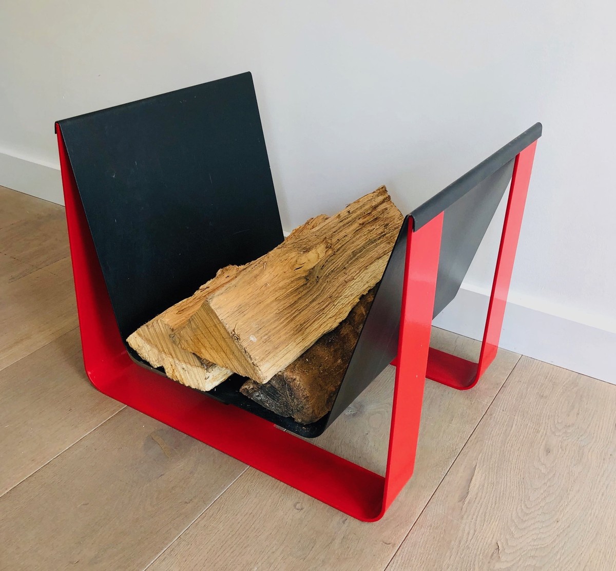 Log Holder In Folded Steel Sheet Lacquered Black And Red. French Work. Circa 1970-photo-6