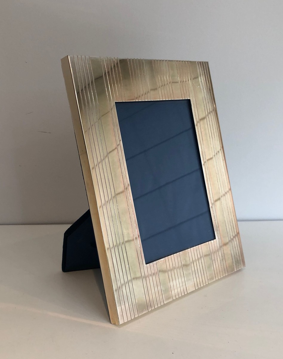 Gilt Brass Photo Frame With Engraved Striations. French Work. Circa 1970-photo-2