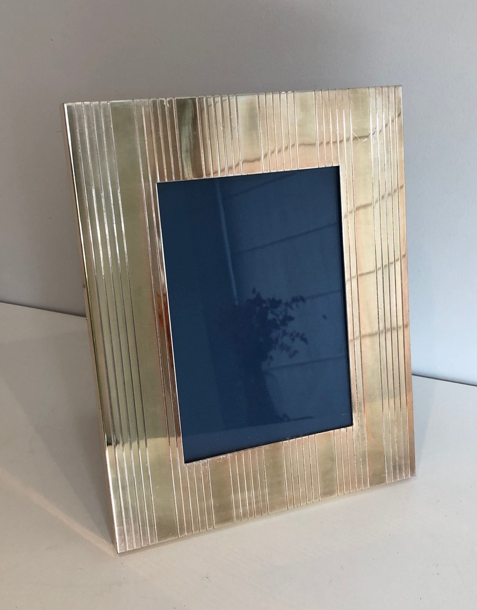 Gilt Brass Photo Frame With Engraved Striations. French Work. Circa 1970-photo-4