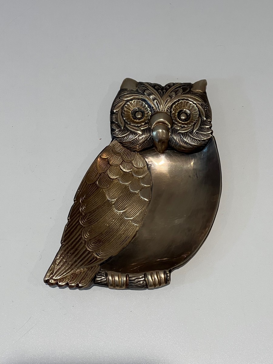 Owl Trinket Dish In Brass With Chased Feather Decor. Italian Work In The Style Of Mauro Manetti-photo-2