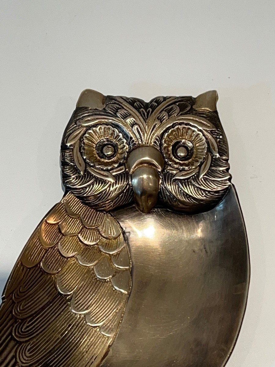 Owl Trinket Dish In Brass With Chased Feather Decor. Italian Work In The Style Of Mauro Manetti-photo-2