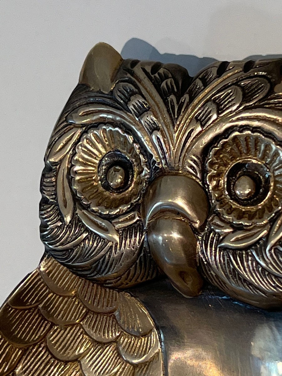 Owl Trinket Dish In Brass With Chased Feather Decor. Italian Work In The Style Of Mauro Manetti-photo-4