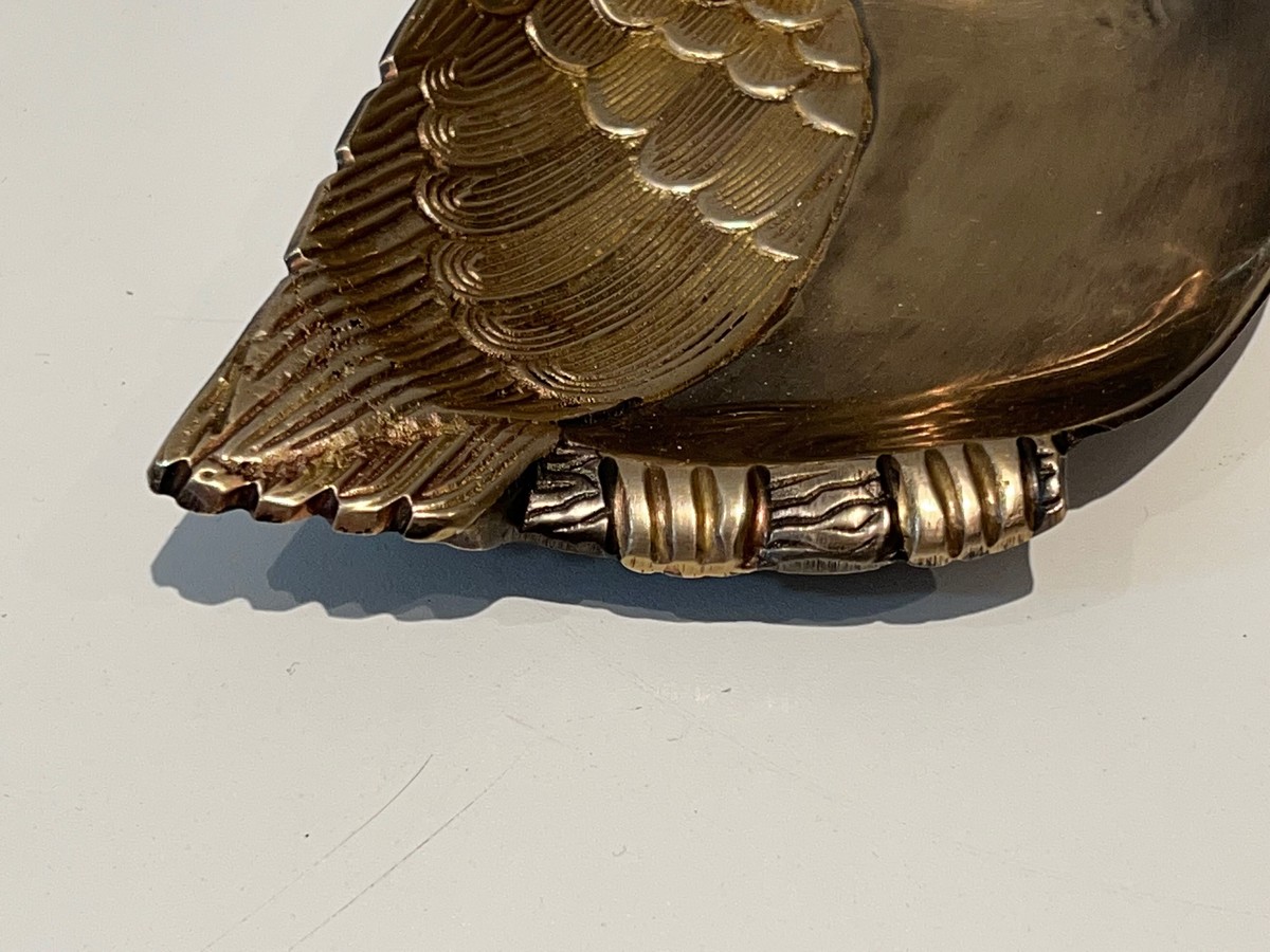 Owl Trinket Dish In Brass With Chased Feather Decor. Italian Work In The Style Of Mauro Manetti-photo-6