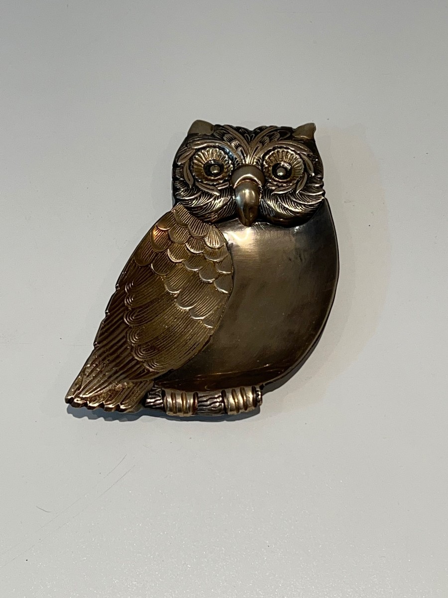 Owl Trinket Dish In Brass With Chased Feather Decor. Italian Work In The Style Of Mauro Manetti-photo-8