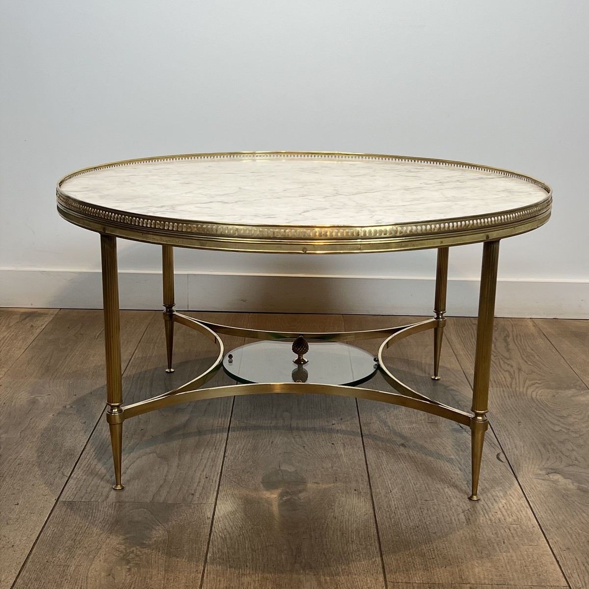 Round Neoclassical Coffee Table In Brass With A Beaded Gallery. White Marble Top And Lo. French-photo-1