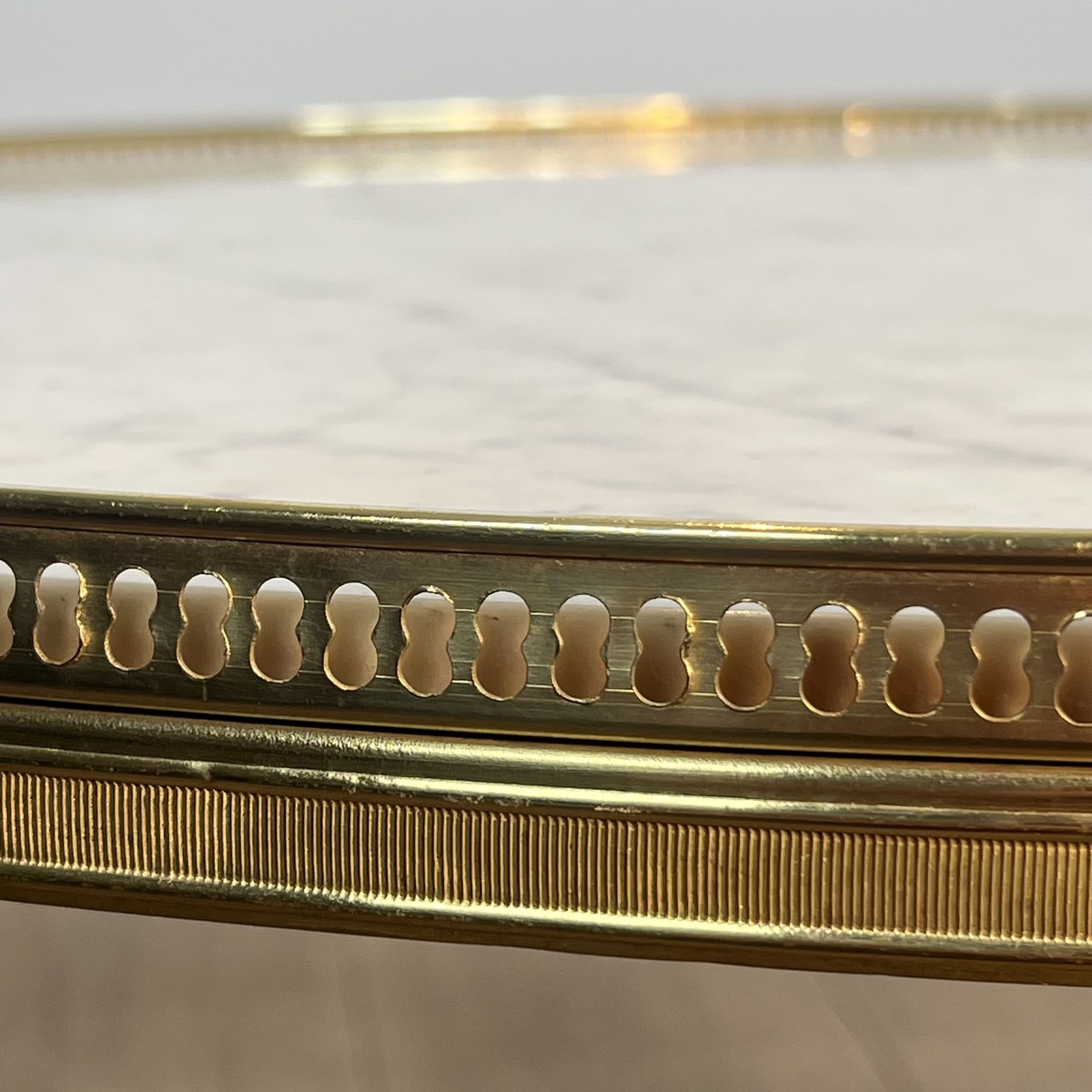 Round Neoclassical Coffee Table In Brass With A Beaded Gallery. White Marble Top And Lo. French-photo-4