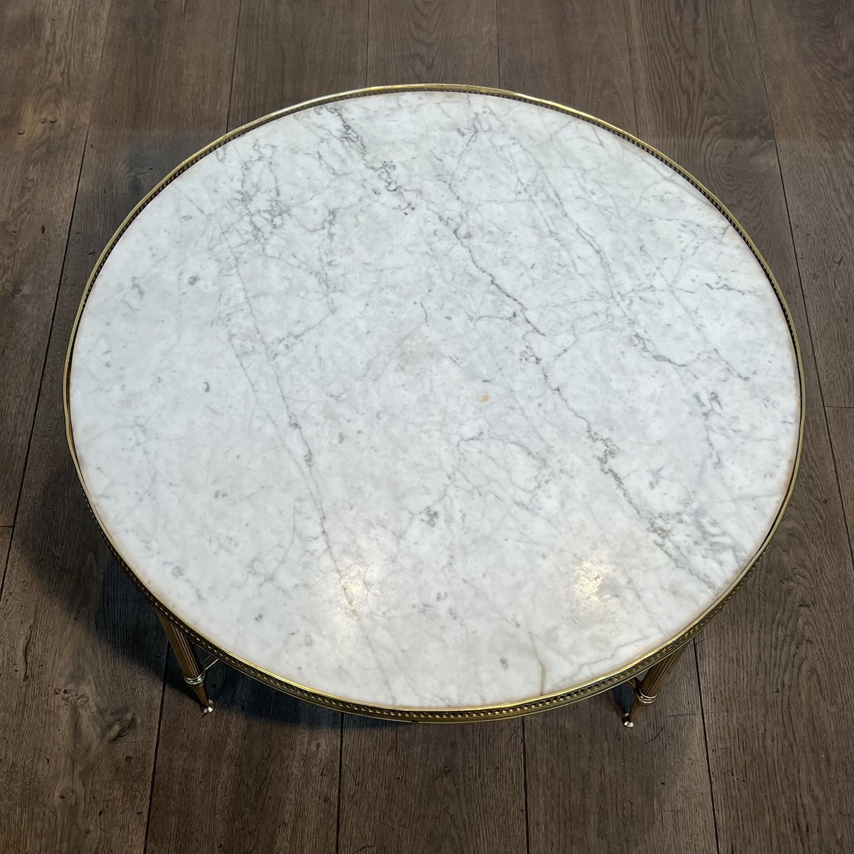 Round Neoclassical Coffee Table In Brass With A Beaded Gallery. White Marble Top And Lo. French-photo-7