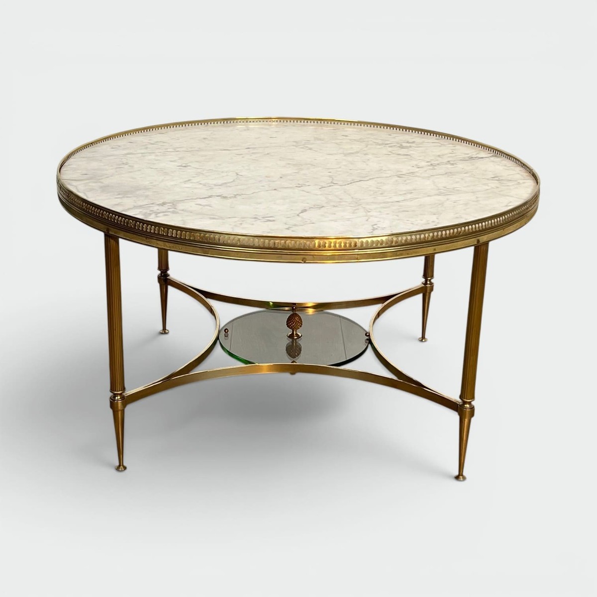 Round Neoclassical Coffee Table In Brass With A Beaded Gallery. White Marble Top And Lo. French